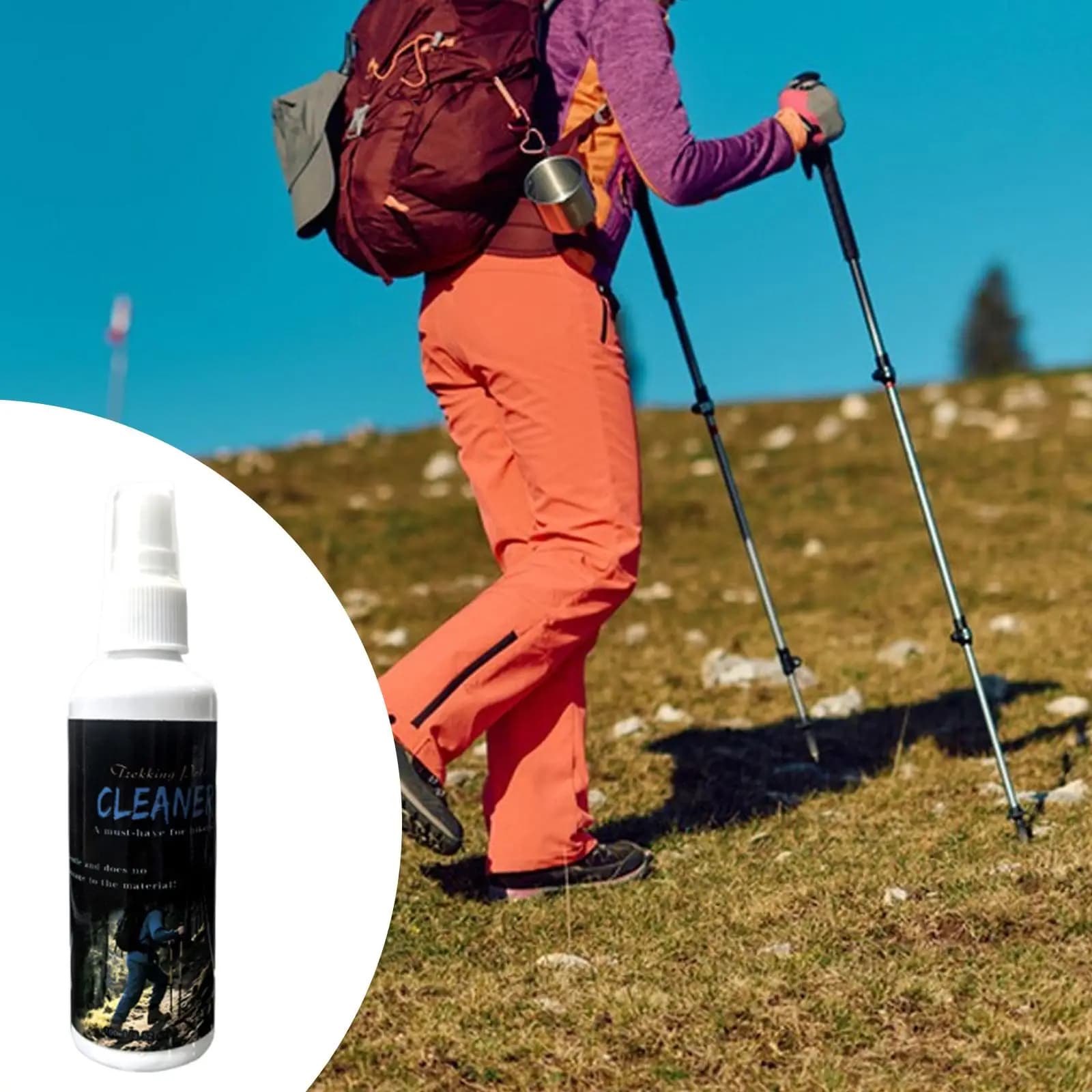 Detergent for trekking poles, accessories, maintenance of outdoor equipment, care of climbing poles, spray for cleaning of trekking poles,