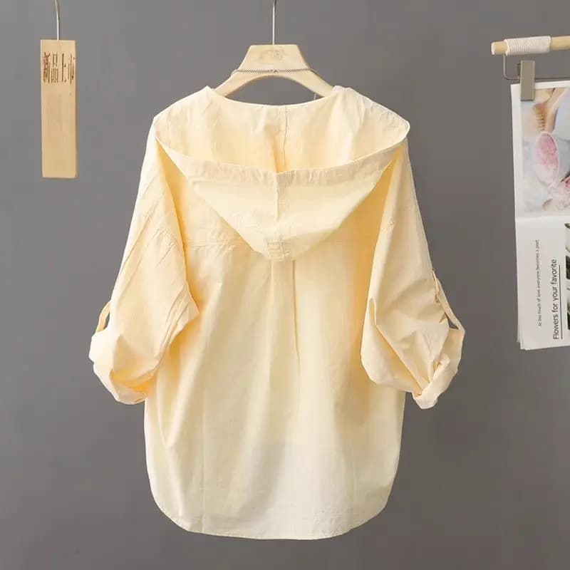 Korean Sunscreen Clothing Coat Women Hooded Cotton Shirt Ladies 2026Spring Summer New Jacket Long Sleeve Casual Blouse Loose Top