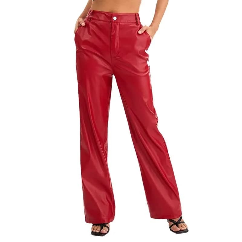 Nuovi Pantaloni in Pelle PU da Donna a Vita Alta, Casual, Larghi, Sexy, Primaverili e Autunnali, alla Moda, in Fibra di Poliestere, Tipo Jeans a Cono