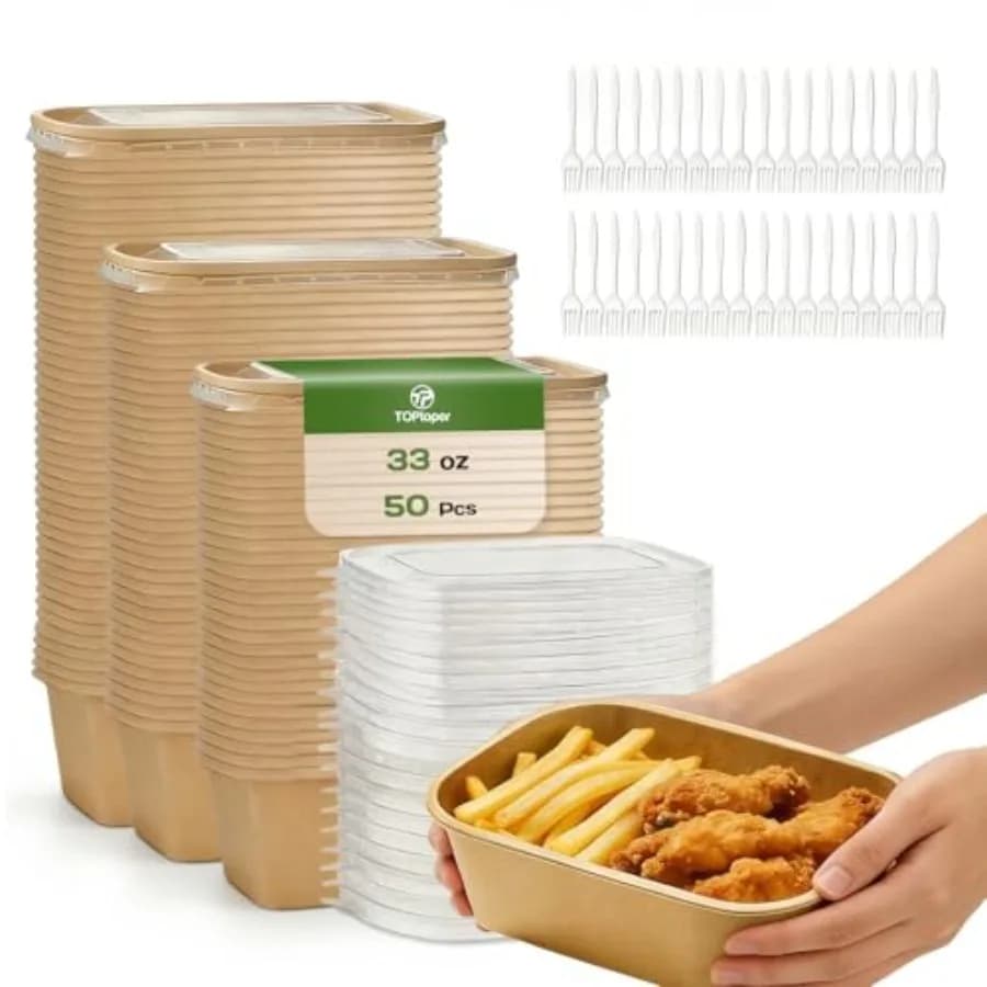 Confezione da 50 Contenitori Monouso per Preparazione Pasti con Coperchi e Forchette, Grandi Ciotole in Carta Kraft per Feste, Contenitori Alimentari Usa e Getta con