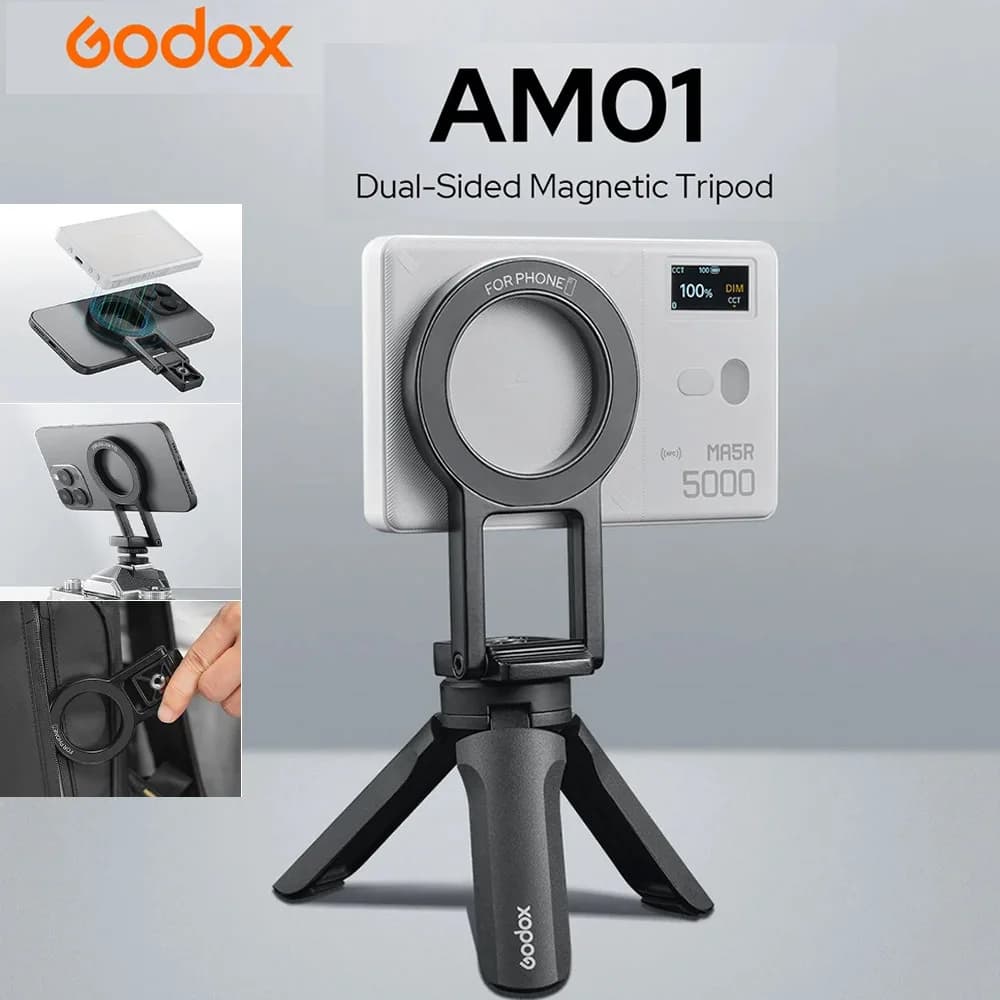 Godox AM01 Supporto per treppiede pieghevole per telefono cellulare Selfie doppio magnetico per fotocamera iPhone Supporto per fotografia video con scarpa fredda