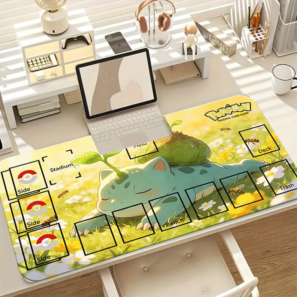 Tappetino da gioco Pokemon Bulbasaur Sunny Meadow TCG, base in gomma antiscivolo, superficie in tessuto lavabile, grande tappetino per mouse da gioco