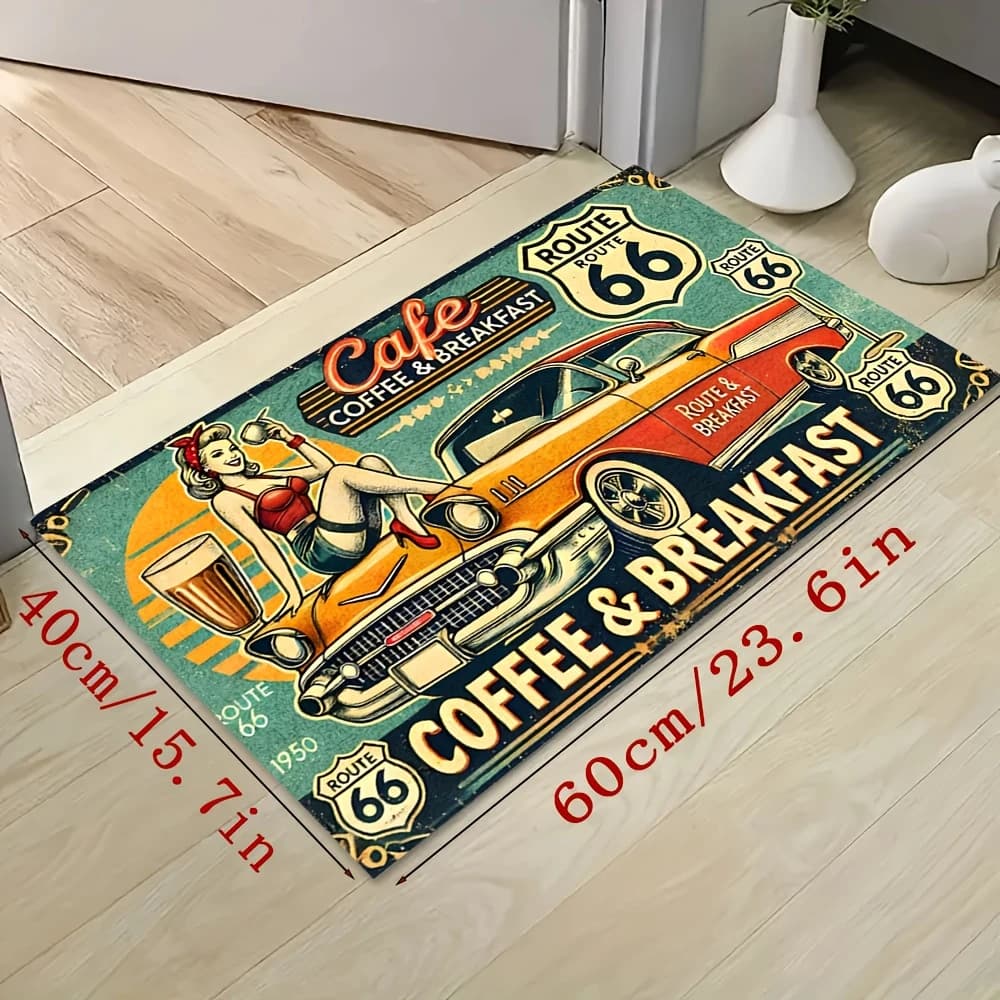 VIKAMA Retro Route 66 Pin-Up Girl Doormat Soft Short Pile Non-Slip Absorbent Bathroom Rug Home Decor