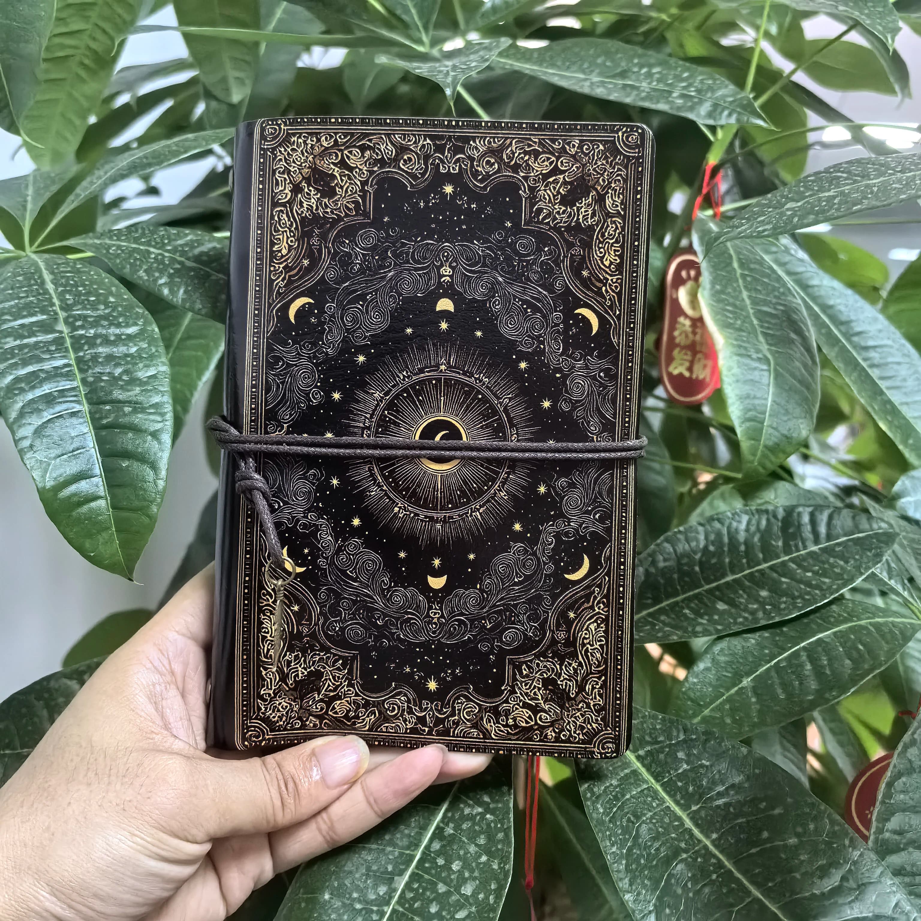Gothic Celestial Sun Moon Journal Witchcraft Grimoire Print PU Leather Elastic Band Refillable Travel Diary Closure Travel Journ