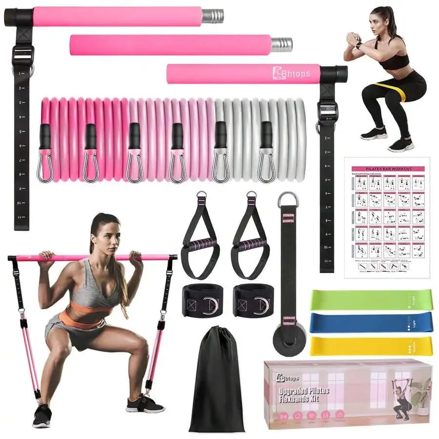 Kit bar for pilates with 6 resistance bands (20 pounds/30 pounds/50 pounds) and 3 exercise bands, yoga bar and multifunctional pilates updated with screw system, full body training equipment for women, for home gym.