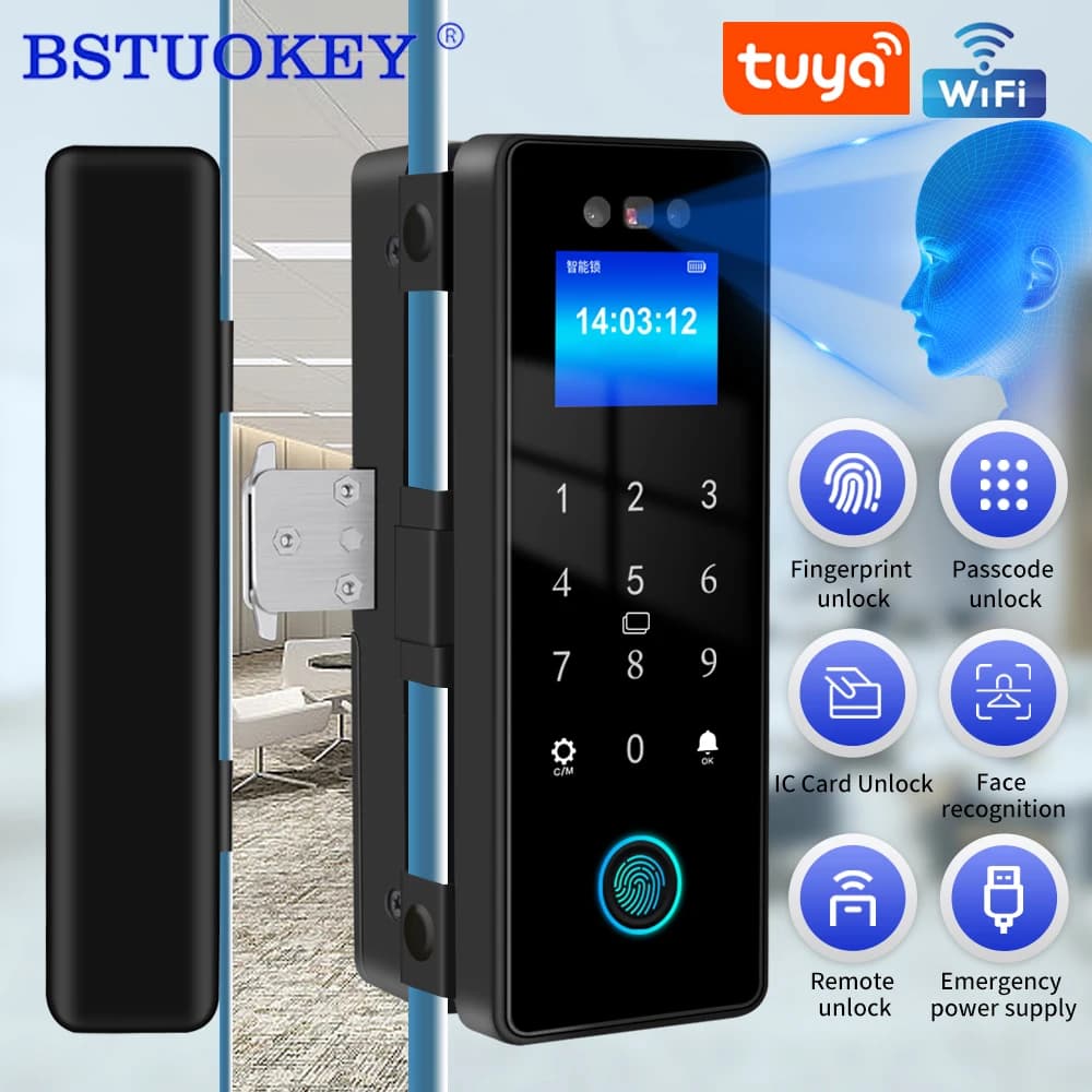 Serratura elettronica intelligente per porta in vetro 3D Face Tuya Wifi con impronta digitale biometrica/scheda RFID/sblocco password/carica di emergenza USB