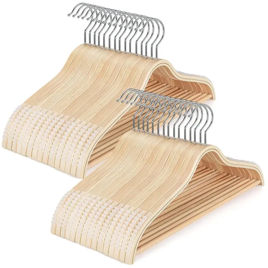 Stylish Wooden hanger with Anti-slip rubber grips, Reliefless Knitting Hooks on the shoulders, Lightweight hanger, 30 pack, 360° swivel