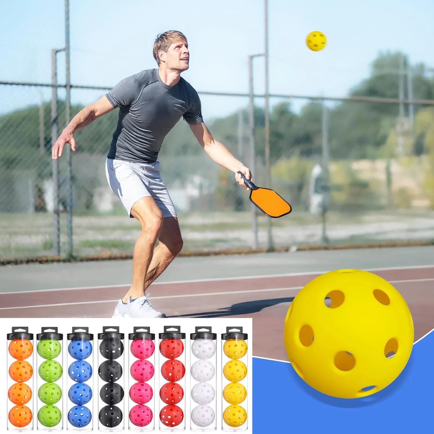 Tubo Cilindrico Trasparente per Esposizione e Conservazione Palline da Pickleball + 4 Palline da 74mm a 40 Fori ad Alto Rimbalzo per Pickleball e Tennis