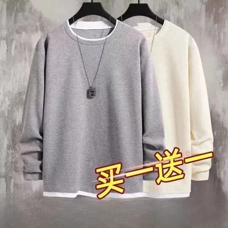 Maglia a maniche lunghe da uomo in pile, casual, di tendenza, girocollo, effetto due pezzi, per primavera, autunno e inverno