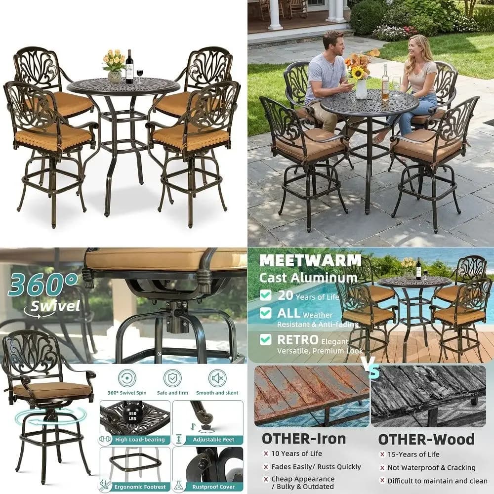 5Piece Patio Swivel Bistro Set, AllWeather Cast Aluminum Outdoor High Stool Set for Backyard Garden with 4 Cushioned Bar Chairs