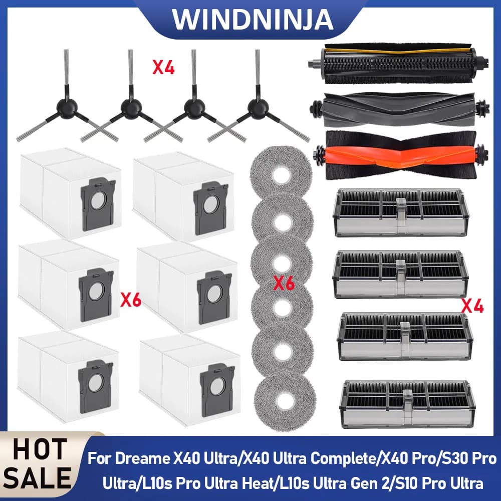 For Dreame X40 Pro/X40 Ultra/S30 Pro Ultra/L10s Pro Ultra Heat/S10 Pro Ultra Main Brush Side Brush Filters Dust Bags Mop Cloths
