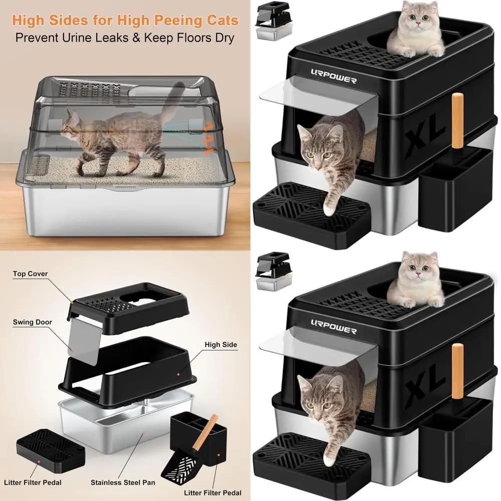 Lettiera per Gatti Extra Large Chiusa con Coperchio, Vasca in Metallo a Bordi Alti, Antiaderente, Facile da Pulire, Design con Ingresso Frontale e Superiore