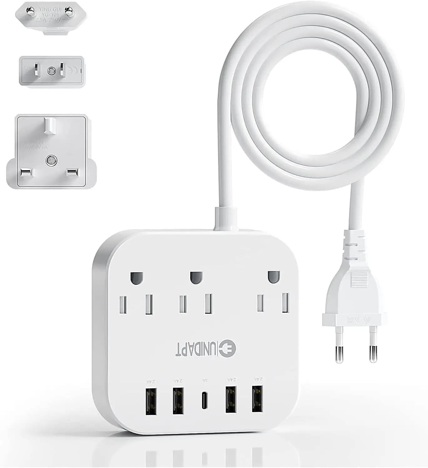 Multipresa da Viaggio Universale con USB-C, 4 Porte USB, 3 Prese AC, Adattatore EU/UK/US, Montabile a Parete