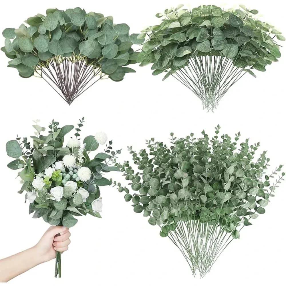 10 pezzi di steli di foglie di eucalipto artificiali, piante verdi per la decorazione della casa, decorazioni per matrimoni, bouquet di fiori