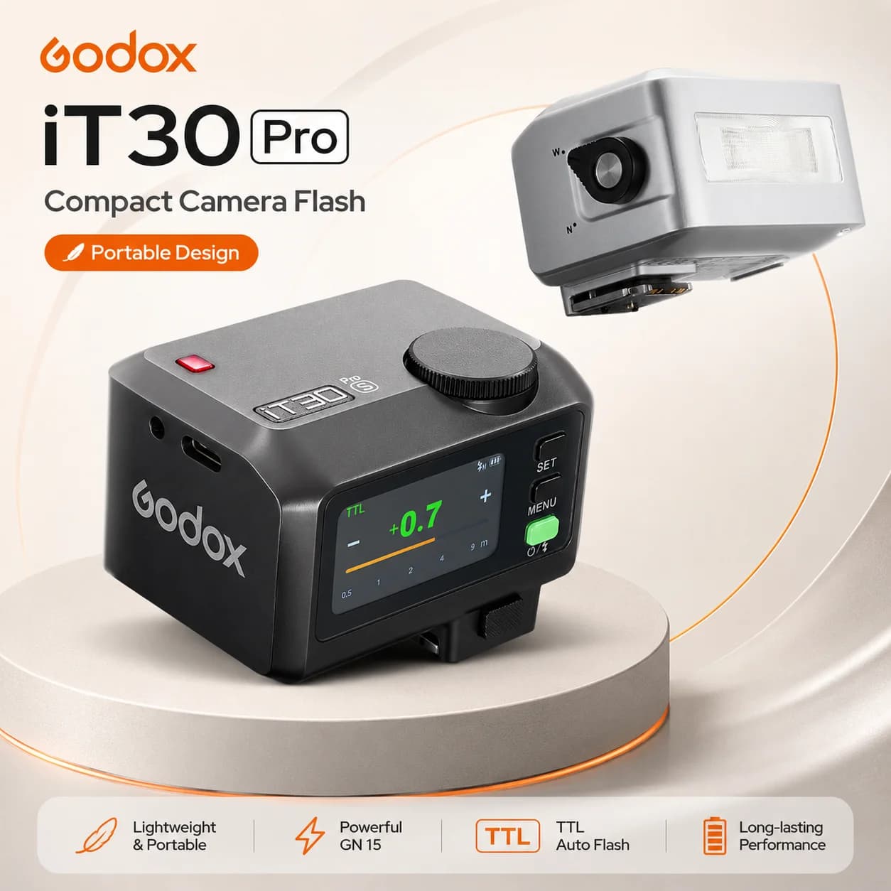 Godox iT30Pro Portable Camera Flash GN15 Mini Speedlite with Rechargeable Battery for Nikon Sony Canon Fujifilm Olympus Camera