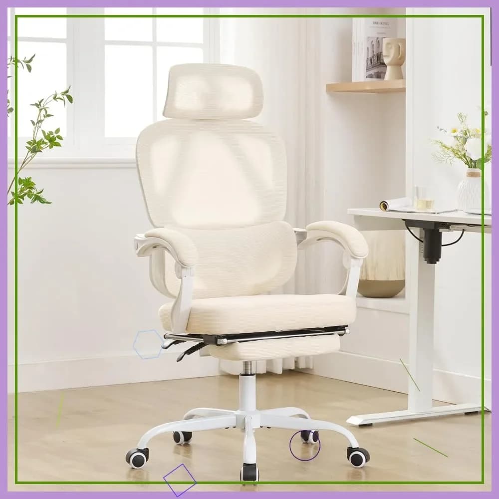 Sedia da ufficio ergonomica con supporto lombare regolabile, poggiatesta e poggiapiedi, sedia da computer reclinabile con schienale alto in rete (Beige)