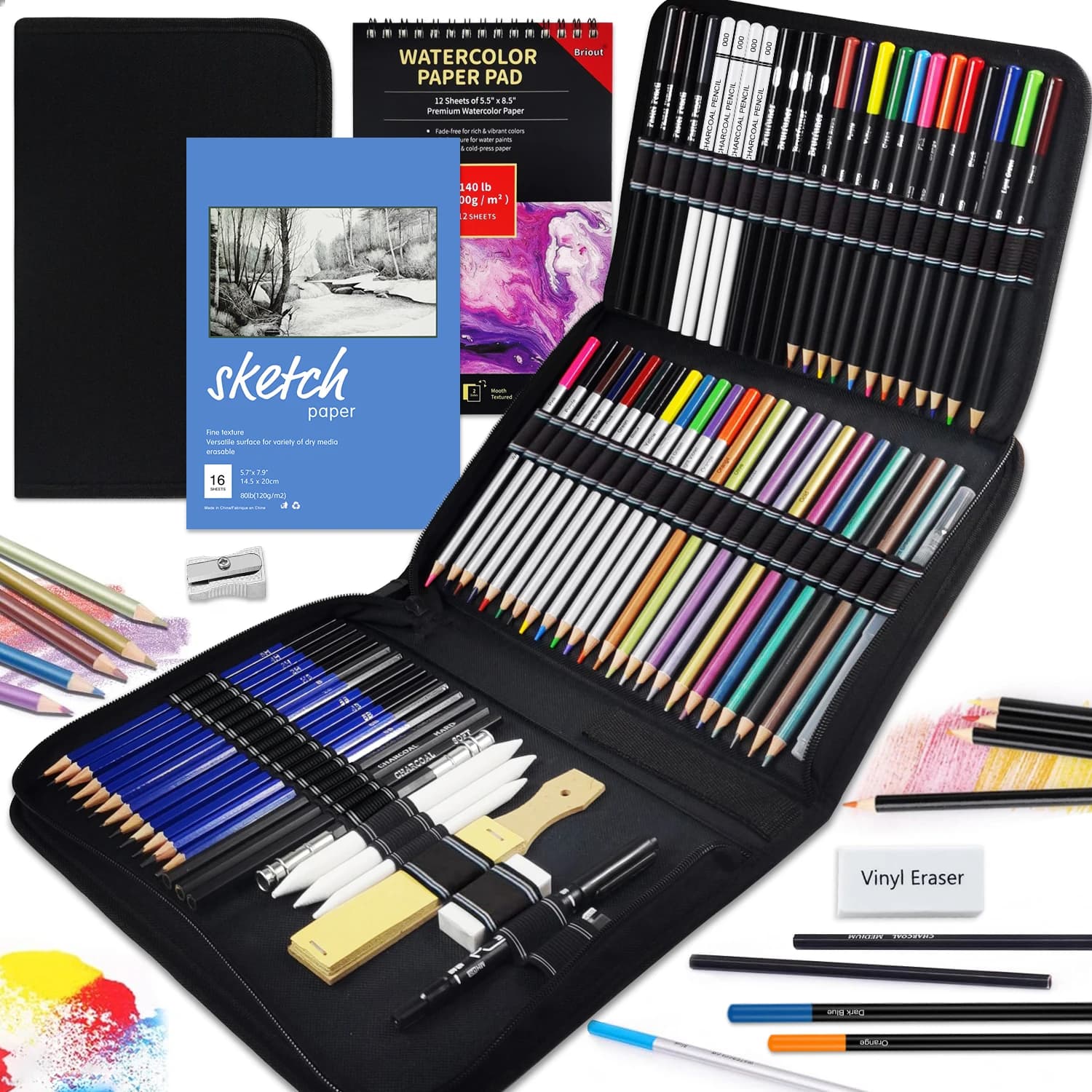 42-146pcs Drawing Sketching - Sketch Pencils Art Supplies for Artists with 3-Color Sketchbook,Graphite,Pastel,Blending Tools