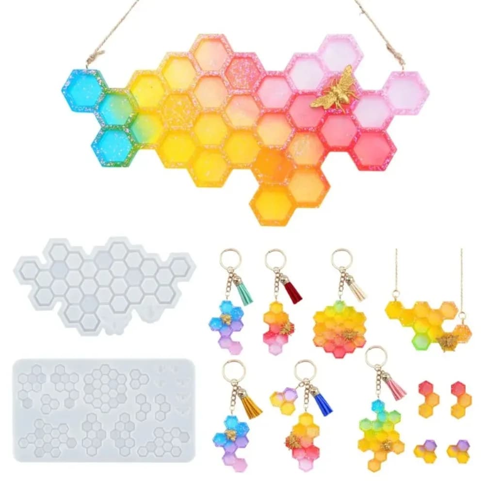 2pcs Top Quality DIY Honeycomb Keychain Epoxy Resin Mold Honeycomb House Number pendant Coaster Set Mirror Silicone Mould Home