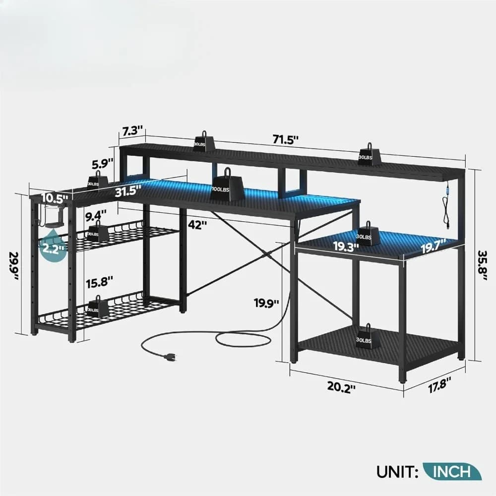 # Play desk with power sockets, 71.5 LED computer desk with long monitor support, large L-shaped corner desk #