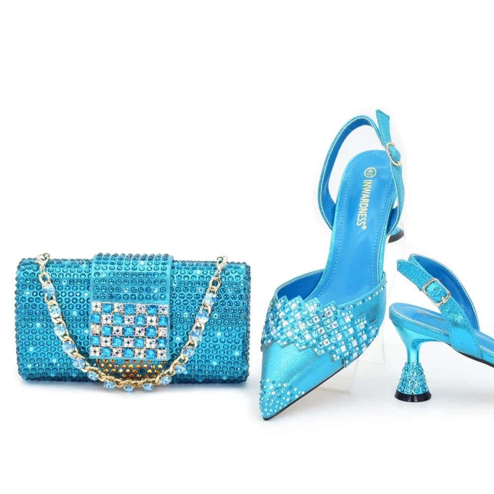 Scarpe con tacco sottile e strass in stile africano, set di scarpe e borsa da donna 8 cm, scarpe italiane estive con borse abbinate per feste
