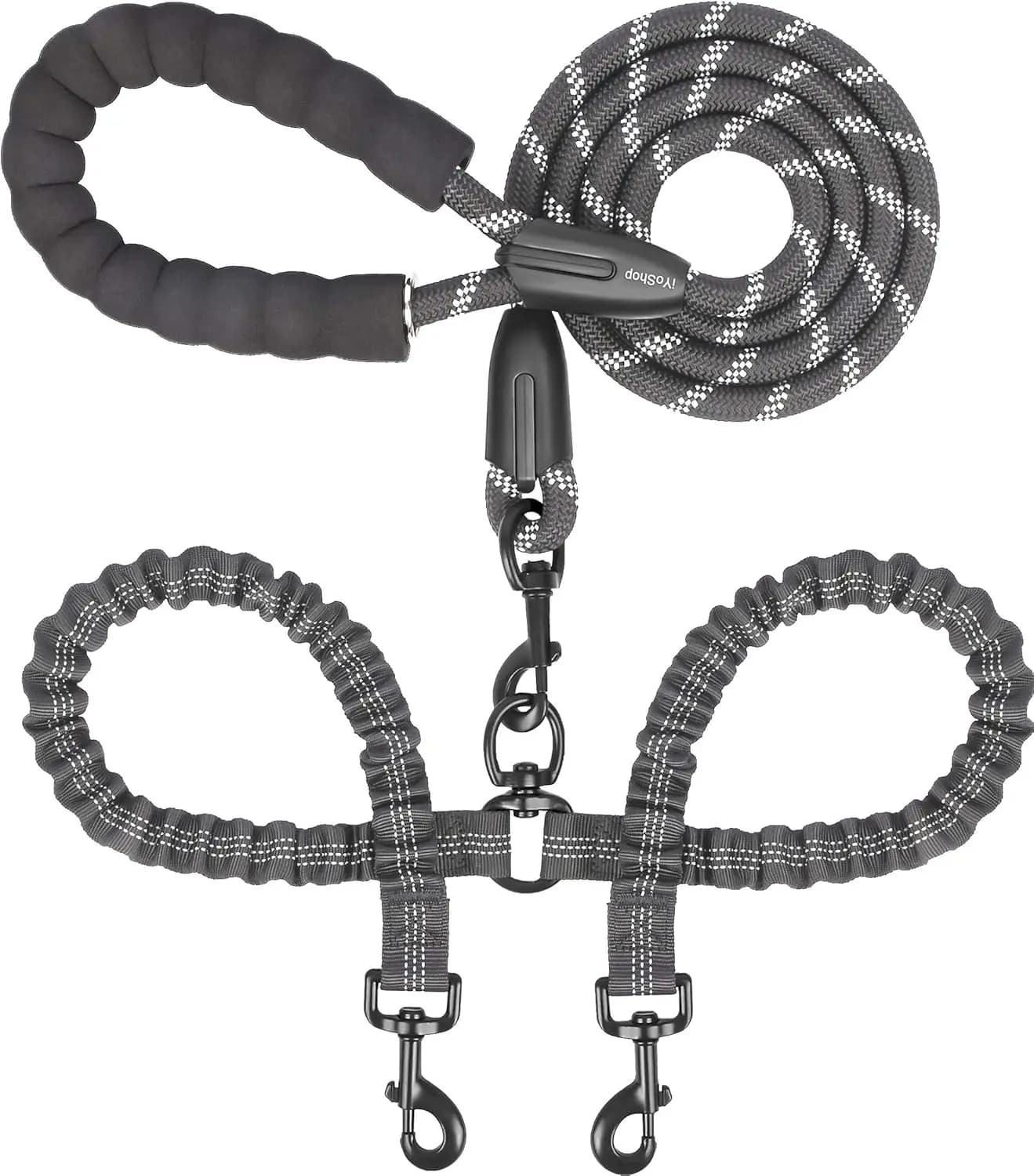 Guinzaglio doppio per cani, guinzaglio doppio per cani, guinzaglio girevole a 360 gradi senza groviglio, elastico ammortizzante per due cani