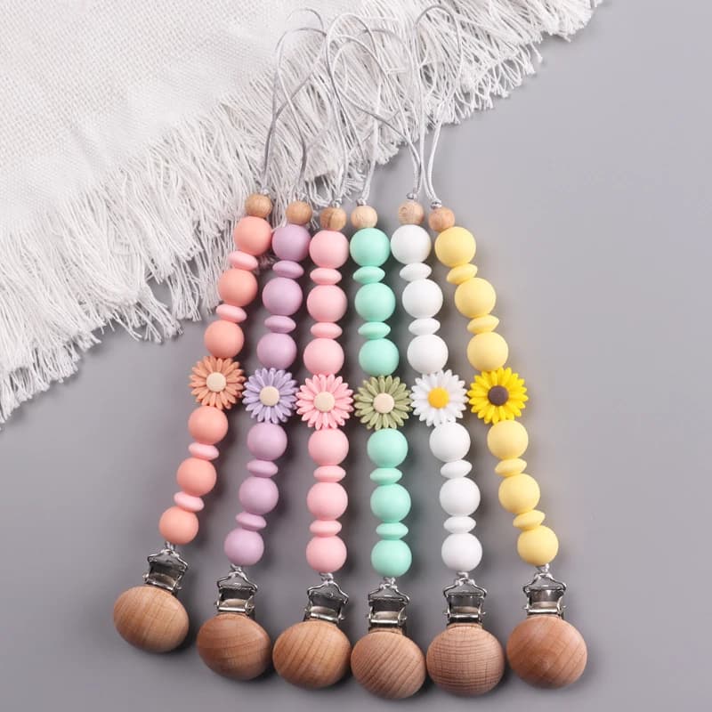Clip per ciuccio per bambini in legno di faggio fatte a mano Perline da masticare in silicone con margherita Clip per capezzoli per neonati Massaggiagengive Giocattolo per la dentizione Catena per ciuccio per bambini