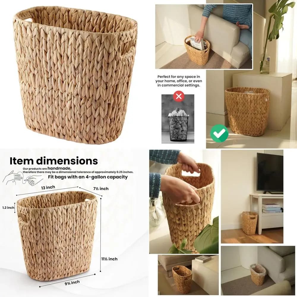 Bidone della spazzatura ovale in vimini con giacinto d'acqua - Cestino per bagno da 4 galloni con piano aperto e maniglie per cucina, scrivania e ufficio