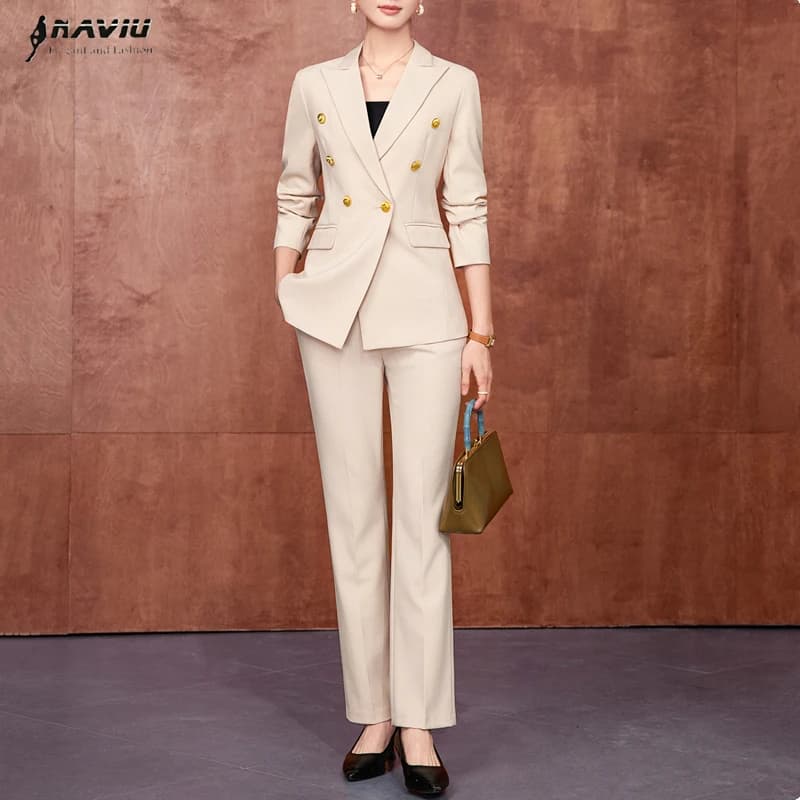 NAVIU Apricot Navy Blue Black Fashion Women Pant Suit Long Sleeve Solid Ladies Blazer And Trouser Formal 2 Piece Set For Spring