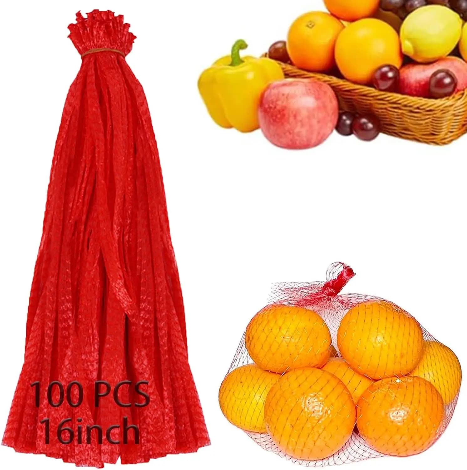 100 sacchetti riutilizzabili in rete, sacchetti estensibili da 16 pollici per verdure, frutta, cipolle, patate, frutti di mare (rosso)