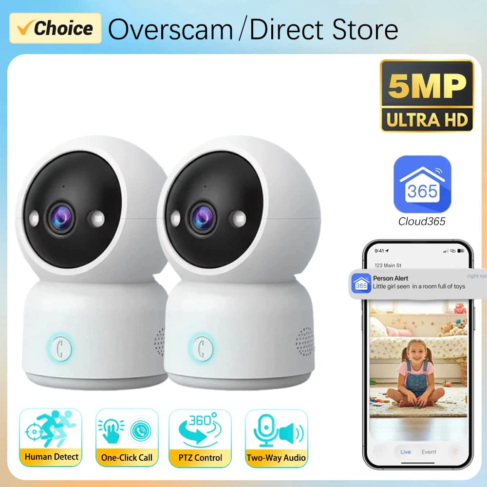 Telecamera PTZ 5MP con Chiamata One-Click, Tracciamento Automatico, Visione Notturna a Colori, Monitoraggio Domestico e Baby Monitor Cloud365