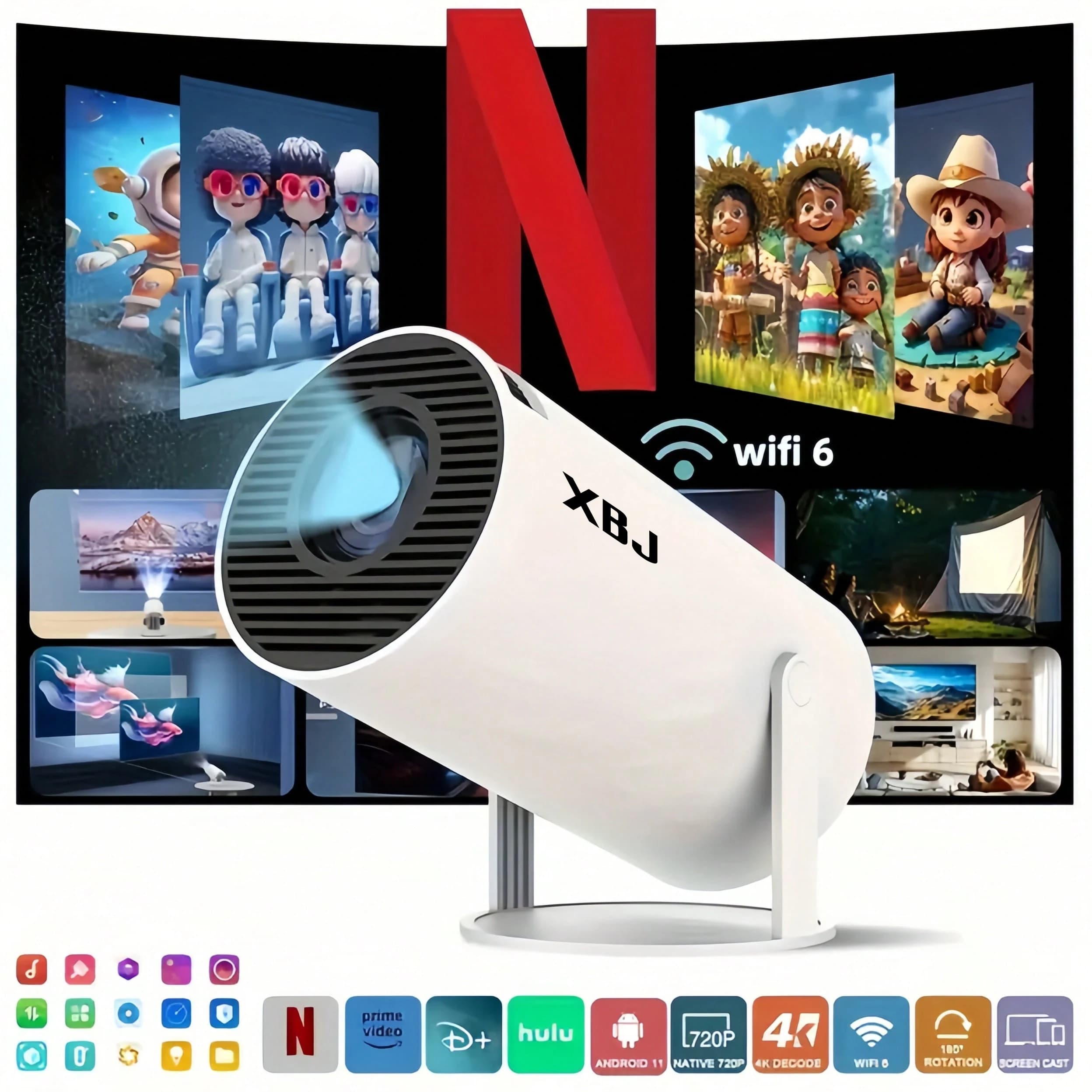 Proiettore intelligente Bluetooth WiFi XBJ 5G, versione mini con altoparlanti stereo, 4K, portatile. Compatibile con smartphone/PC/USB