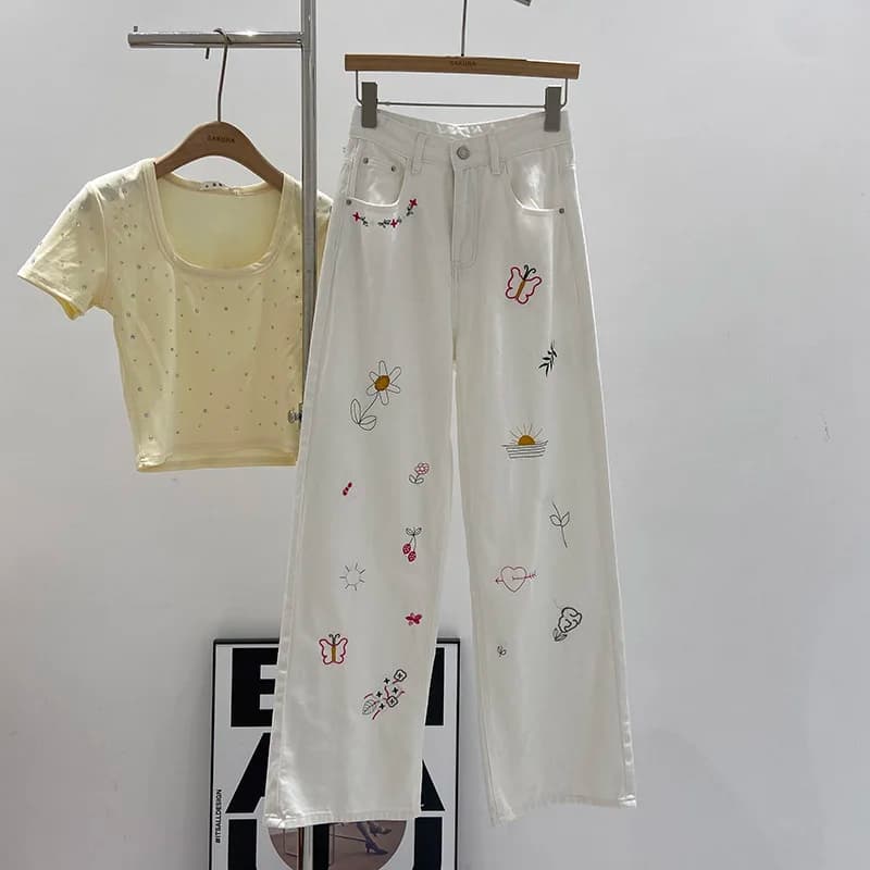 Fun Embroidered White Jeans Women's Straight Leg Casual High Waist Long Pants Spring Summer New Style Korean Version
