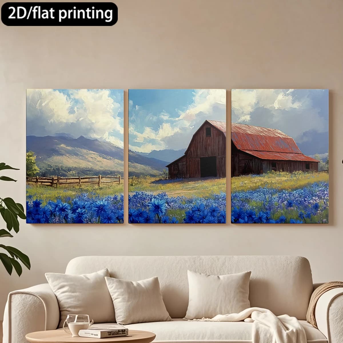 Decorative painting on canvas with wooden frame, 3 pieces. Barn with rust roof, valley, blue flowers. Hall decoration, living room.