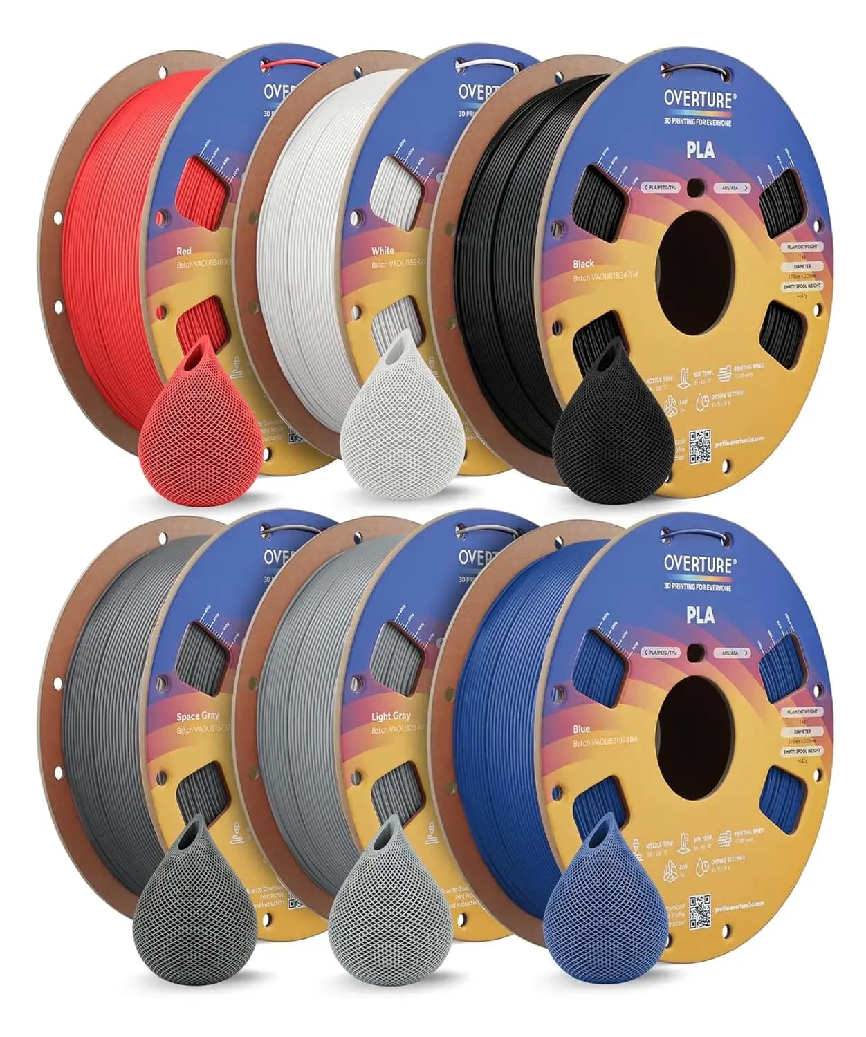 Filamento PLA 6KG 1.75mm per Stampante 3D, Confezione da 6 Bobine da 1kg, Precisione Dimensionale +/- 0.02mm, Compatibile con la Maggior Parte delle Stampanti FDM