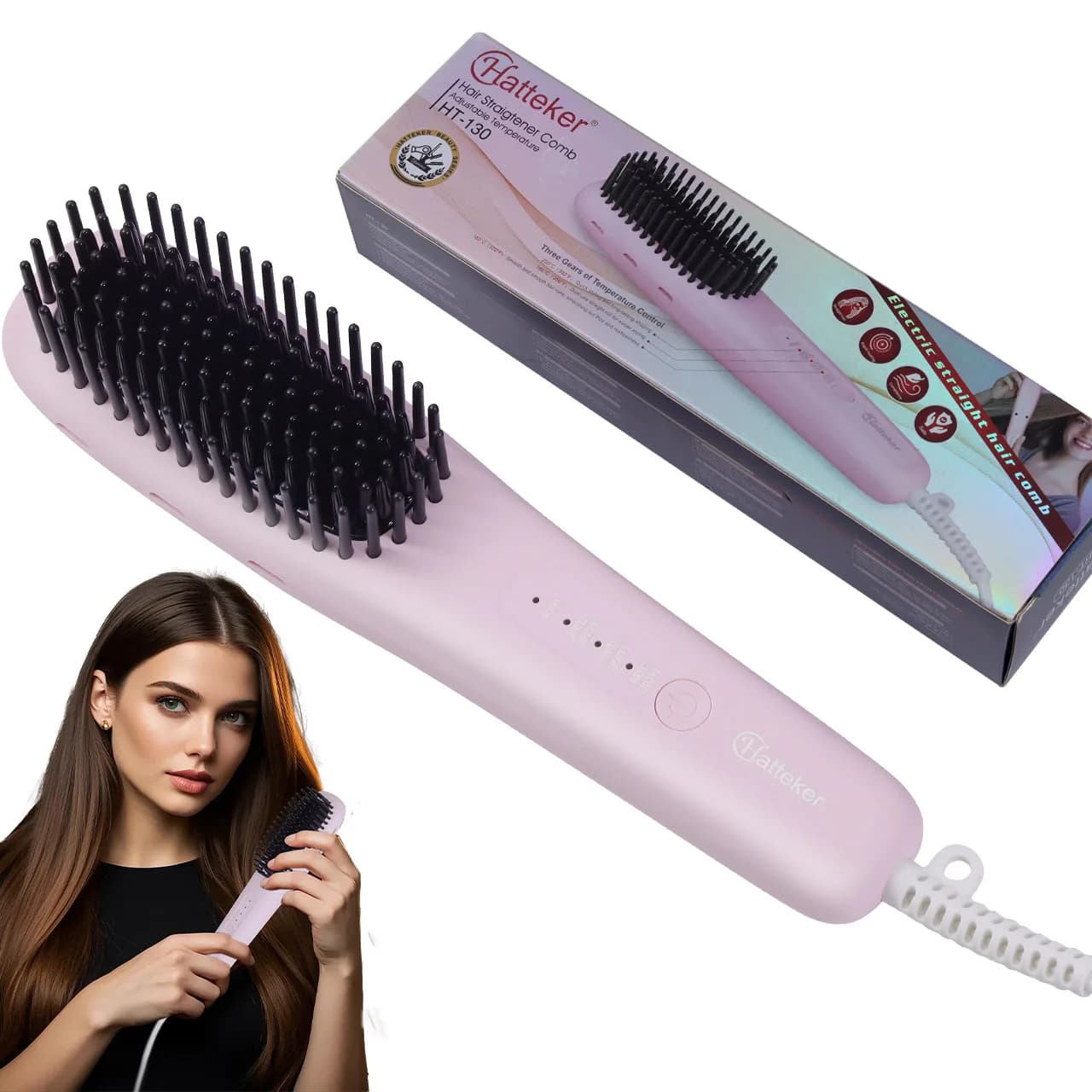 Hatteker Portable Hair Plate Brush Multi-Temperature Negative Ions for Home styling without smooth damage