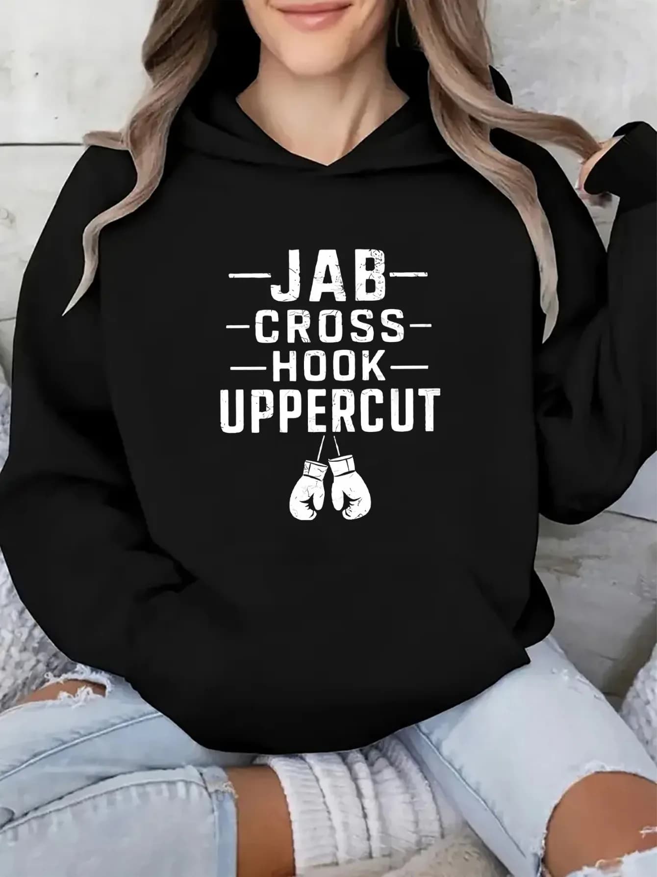 Felpa con cappuccio da boxe "JAB CROSS HOOK UPPERCUT" - Camicia sportiva alla moda, dotata di un modello di guanto da boxe