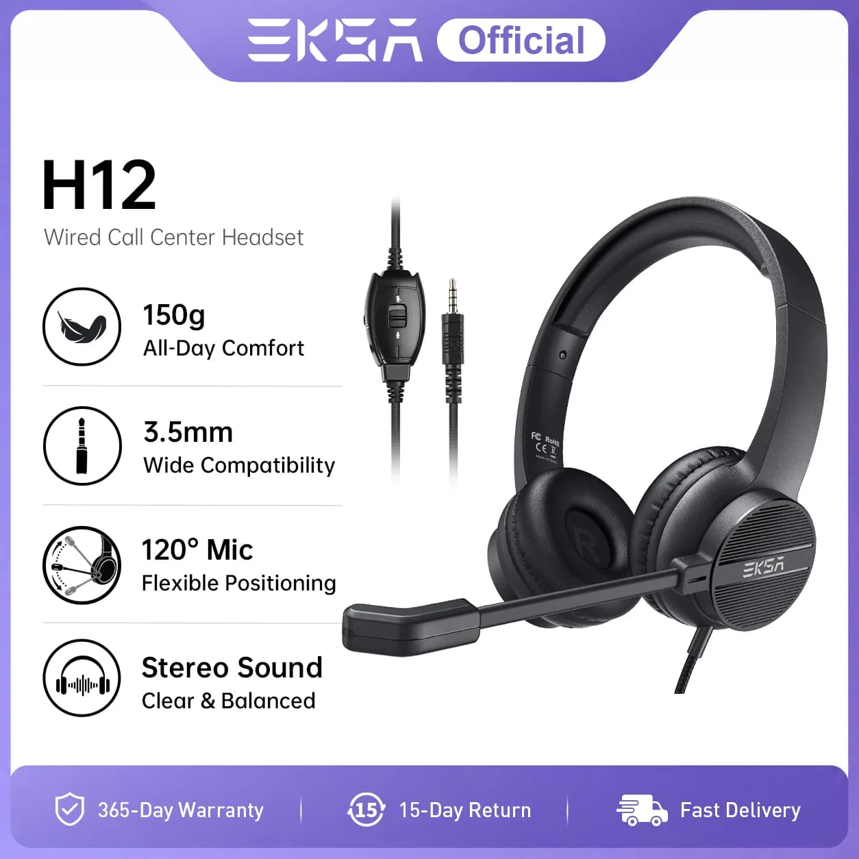 Cuffie cablate EKSA H12 con microfono per PC/PS4/Xbox Gaming Headset Gamer 3.5mm On-Ear Call center/Traffic/Office Headset