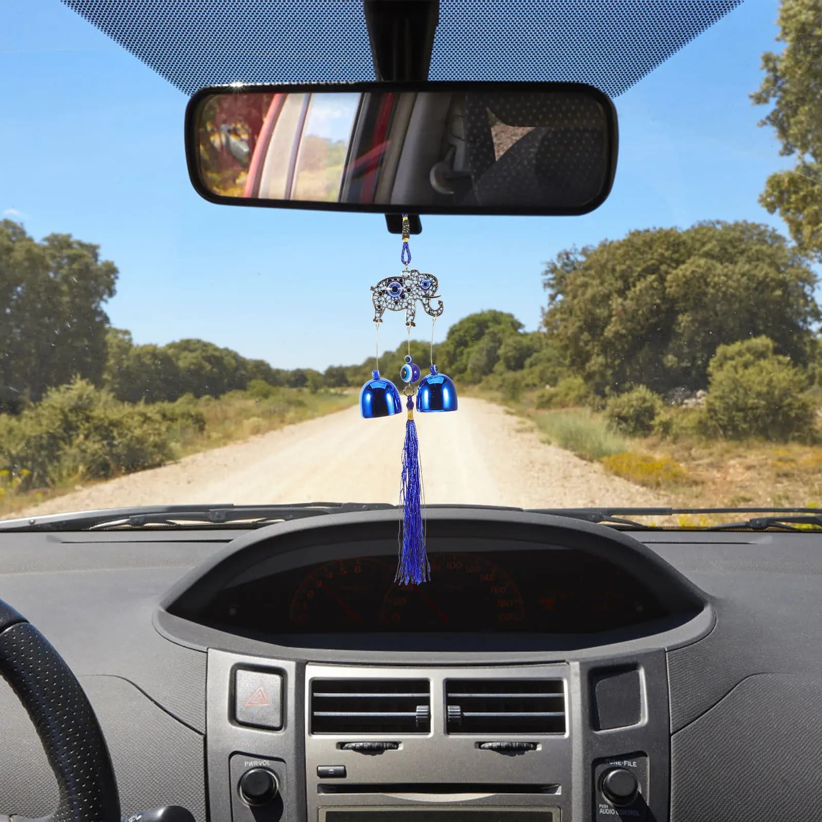 Metal Evil Eye Car Hanging Ornament Blue Eye Design with Swinging Tassel Wind Chime Feng Shui Lucky Charm for Auto Dashboard