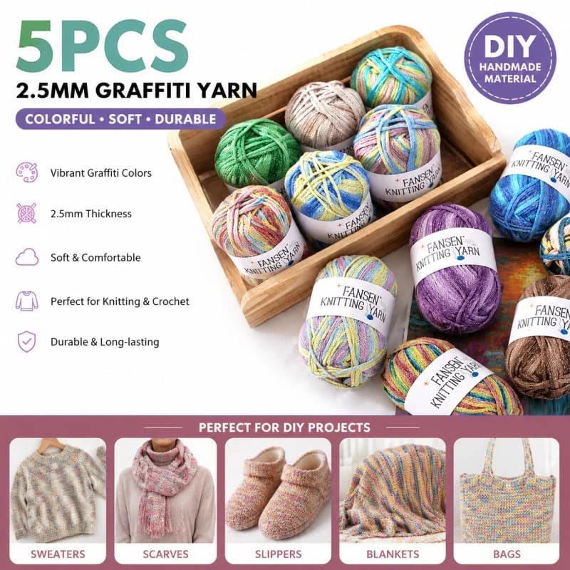 5 Pezzi/Set di Filati di Cotone Cavi da 2,5 mm con Effetto Sfumato Graffiti e Linee Argentate Brillanti, Materiale per Lavorazione a Maglia, Uncinetto e Artigianato Fai da Te