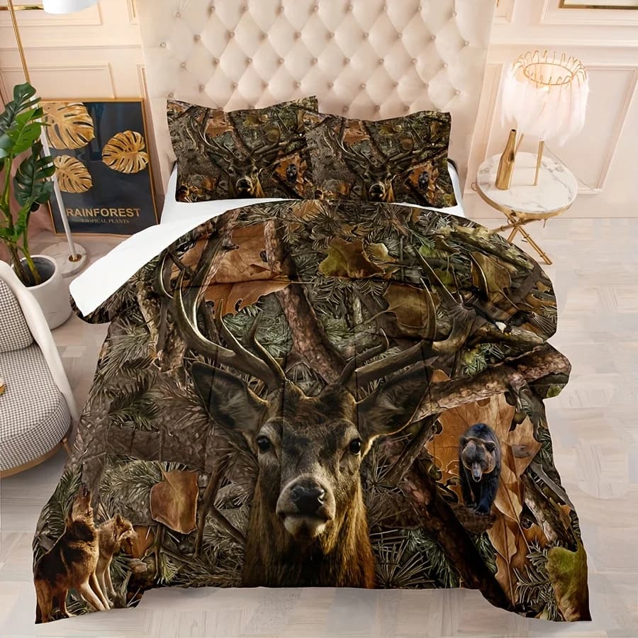 Woodland-Themed Boys Bedding Set – Deer, Moose, Bear & Forest Camo Comforter + 2 Pillowcases – Twin / Full / Queen Size for Kids, Teens & Adults