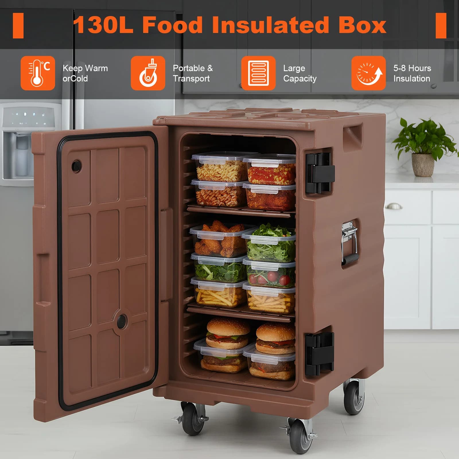 130L/118QT Thermal Food Container with Wheels and Handles for Catering, Restaurants and Menus