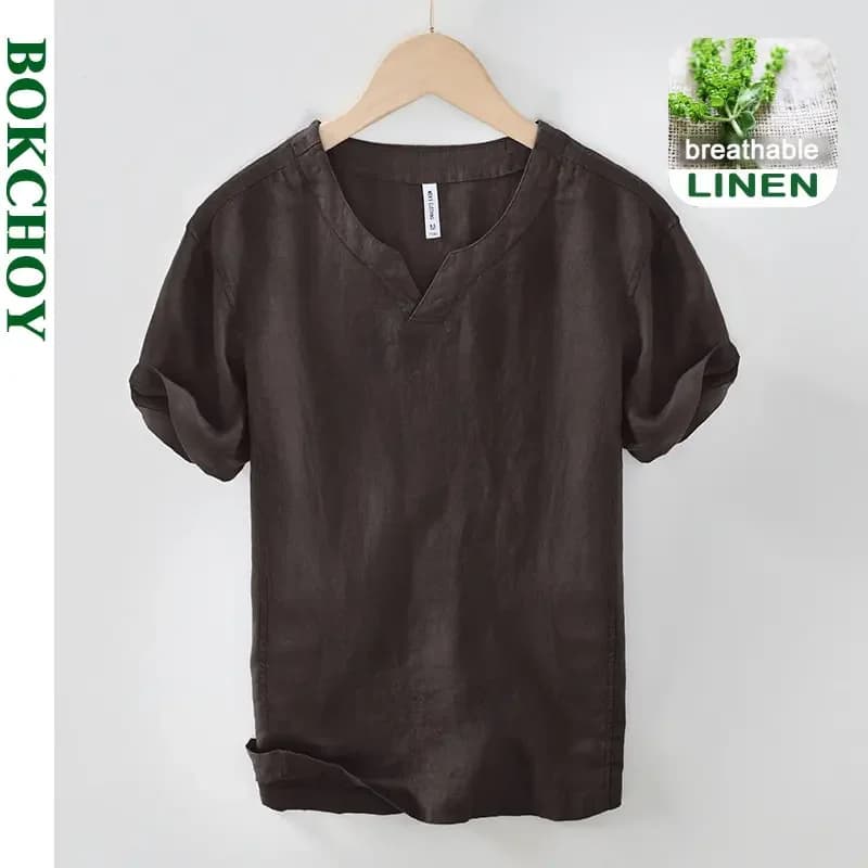 Estate nuova maglietta a maniche corte in lino 100% per uomo Casual sottile tinta unita Slim abbigliamento uomo BL998