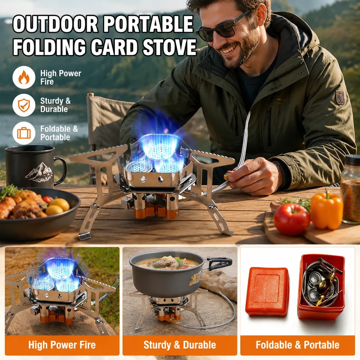 Portable outdoor gas stove set, single/double/three burner camping stove with gas converter