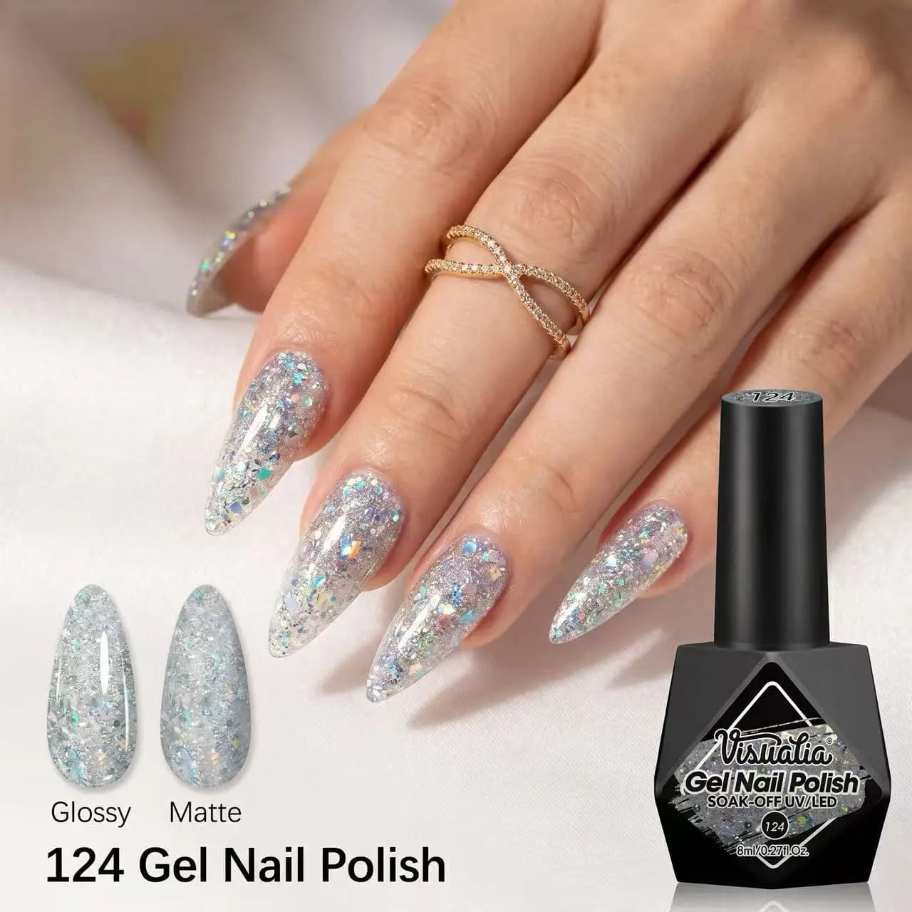 Smalto per unghie Visuatia Glitter Gel (flacone singolo, 8 ml per flacone), smalto semipermanente, gel LED rimovibile, senza profumo