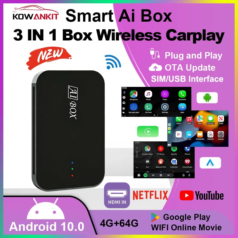 Kowankit 2026 4+64G Box Smart AI Wireless Carplay Android Auto 3 in 1 TV Box HDMI SIM Android 10 Plug & Play Compatibile con Auto dal 2016+