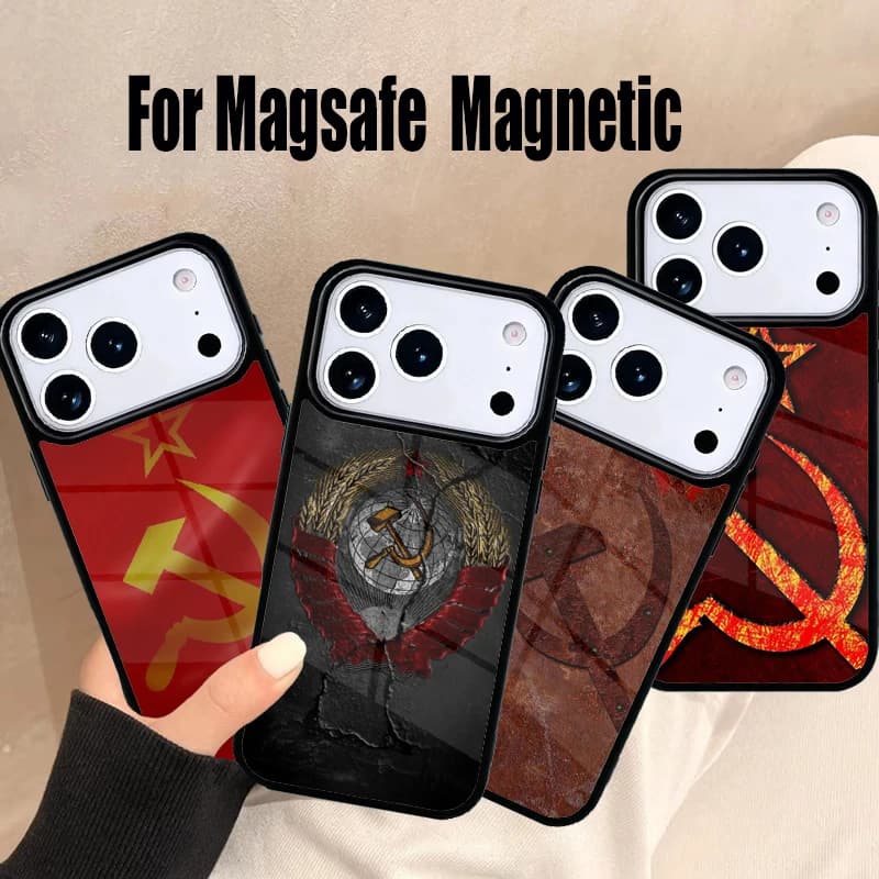 Cover per iPhone con Bandiera dell'Unione Sovietica (USSR, CCCP) per iPhone 17 Air 16e 15 14 13 12 11 Pro Max Plus, Cover Magnetica Wireless Magsafe