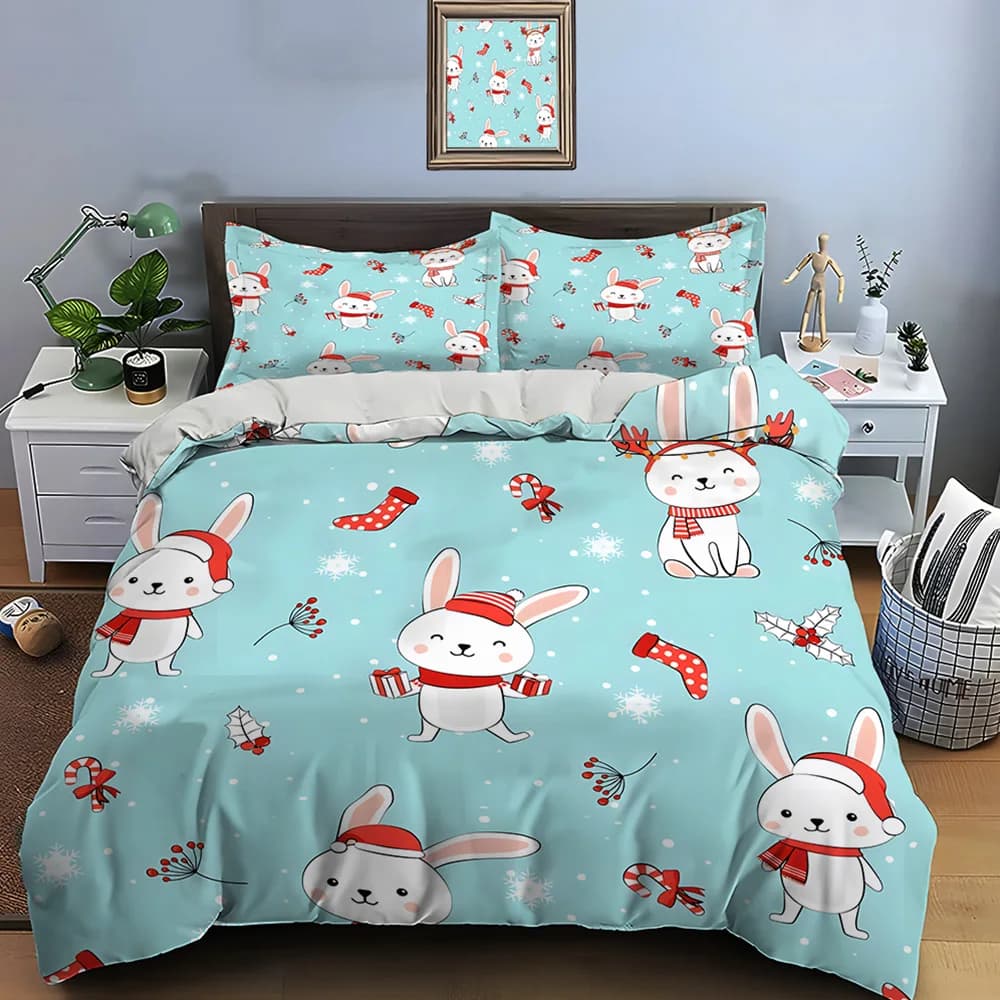 Set di biancheria da letto con stampa di conigli natalizi con elementi festivi, 1 copripiumino, 2 federe per adulti e bambini, regalo di lusso, misura completa