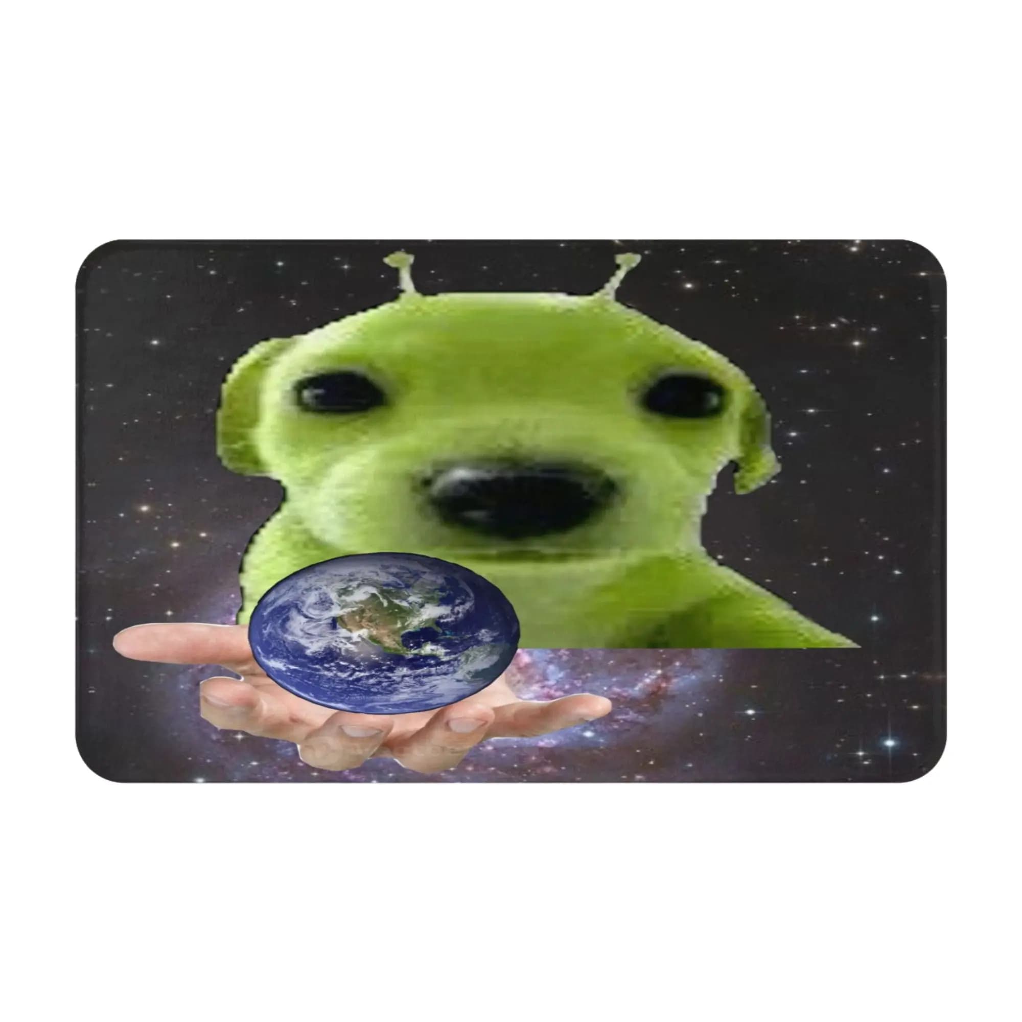 Green Alien Puppy Holding Earth Space Art Anti-Slip Doormat Living Room Mat Floor Indoor Home Decor