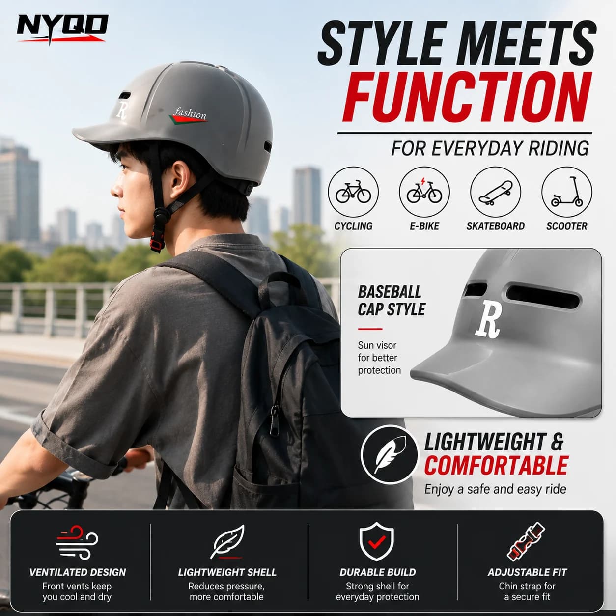Baseball Style Cycling Helmet Inmold One-piece Molding Light Breathable Safety Helmet for Scooter Skateboard E-bike Men Women Al