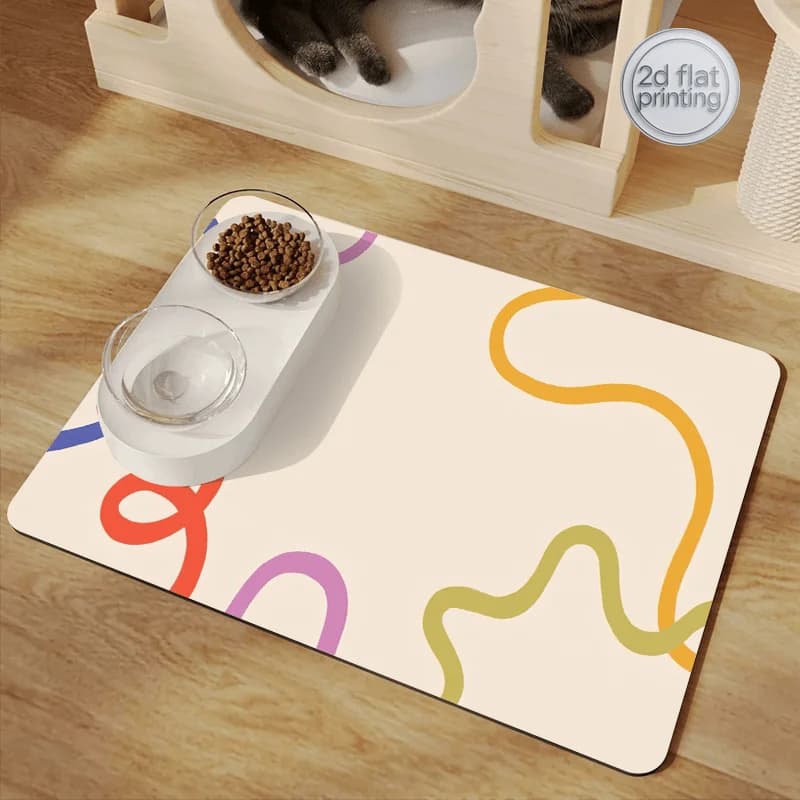 Tappetino per Cibo per Cani e Gatti ad Assorbimento Rapido con Motivo a Curve Vivaci | Tappetino antiscivolo per l'alimentazione degli animali domestici per cibo e acqua